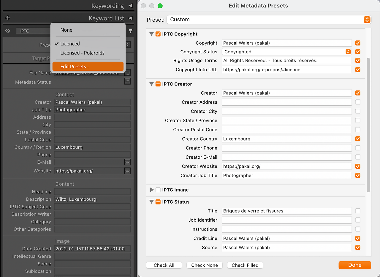 Illustration pour créer un préréglage (preset) de métadonnées avec Lightroom Classic.