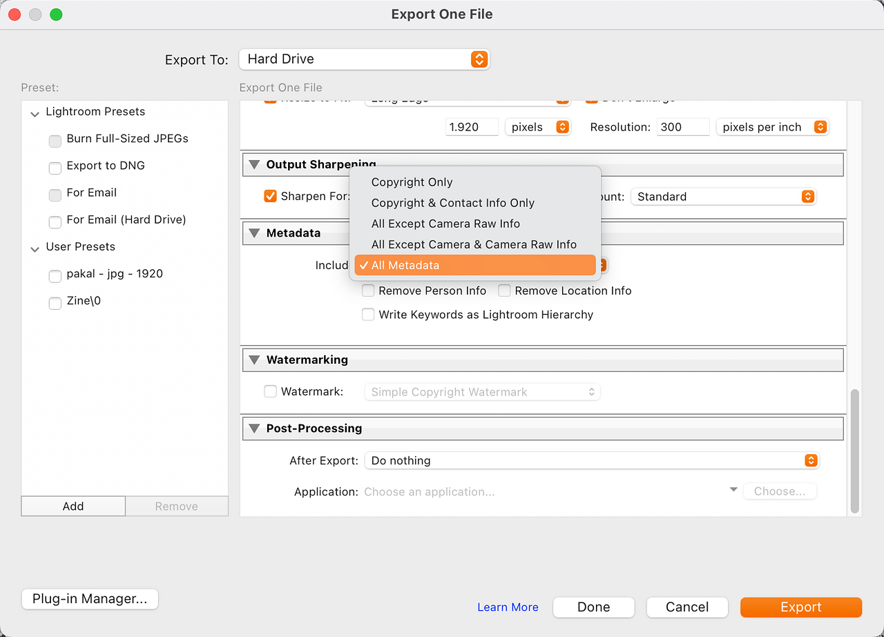 Illustration des options d'exportation de fichier photo dans Lightroom Classic.