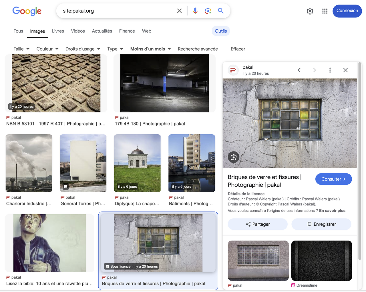 Capture d'écran d'une recherche d'image sous licence dans Google. Affichage du créateur, crédits et droits d'auteur.