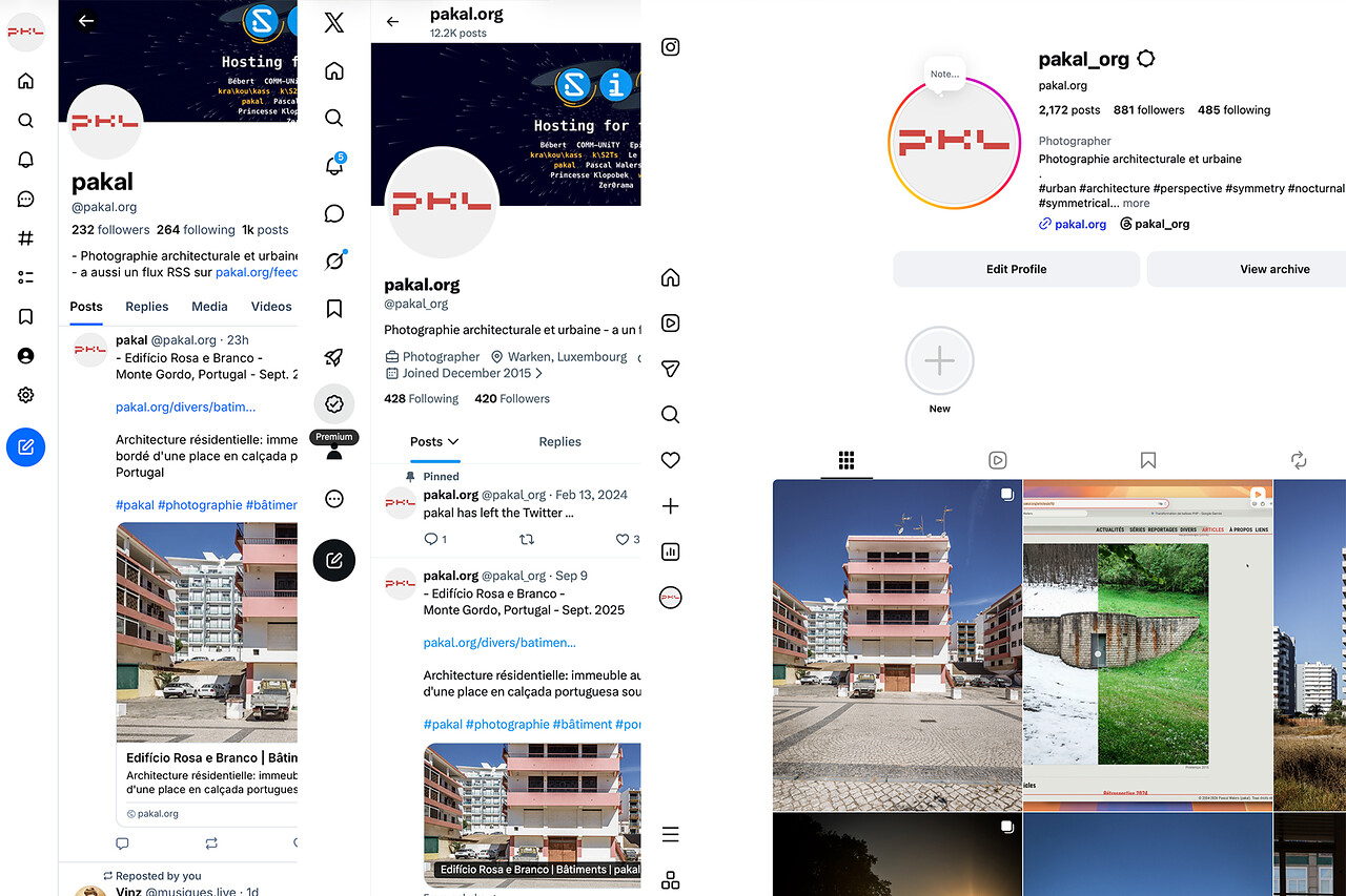 Captures d'écran à propos de la présence de Pascal Walers (pakal) sur les réseaux sociaux comme Bluesky, X et Instagram.