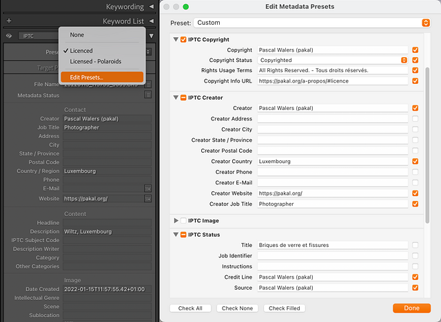 Illustration pour créer un préréglage (preset) de métadonnées avec Lightroom Classic.