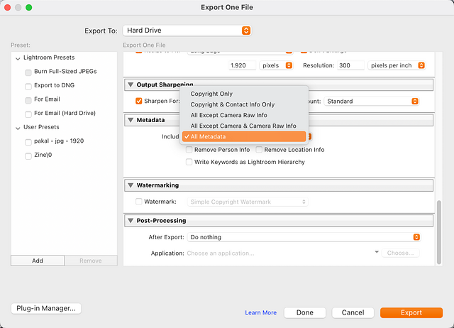 Illustration des options d'exportation de fichier photo dans Lightroom Classic.