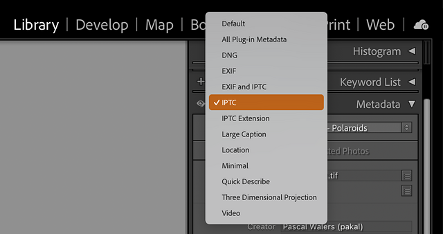 Capture d'écran de Lightroom Classic, écran Library, Panneau Metadata, Menu IPTC.