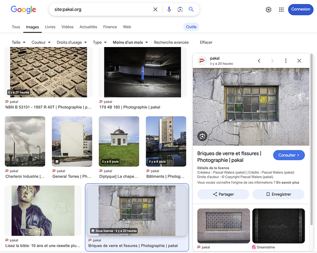 Capture d'écran d'une recherche d'image sous licence dans Google. Affichage du créateur, crédits et droits d'auteur.