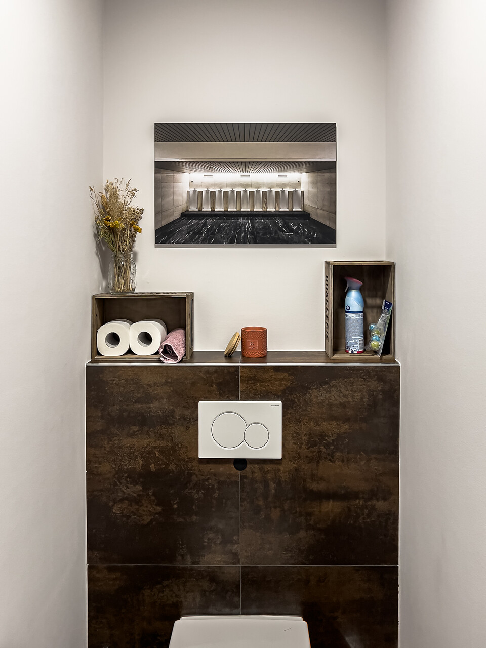 Toilette avec chasse d'eau encastrée, caisses  en bois servant d'étagères, objets décoratifs et hygiéniques, et un tableau d'urinoirs au-dessus des étagères.