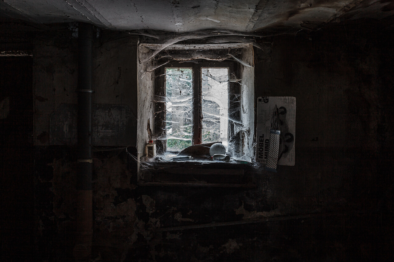 Fenêtre à battants couverte de toiles d'arignées dans une cave...