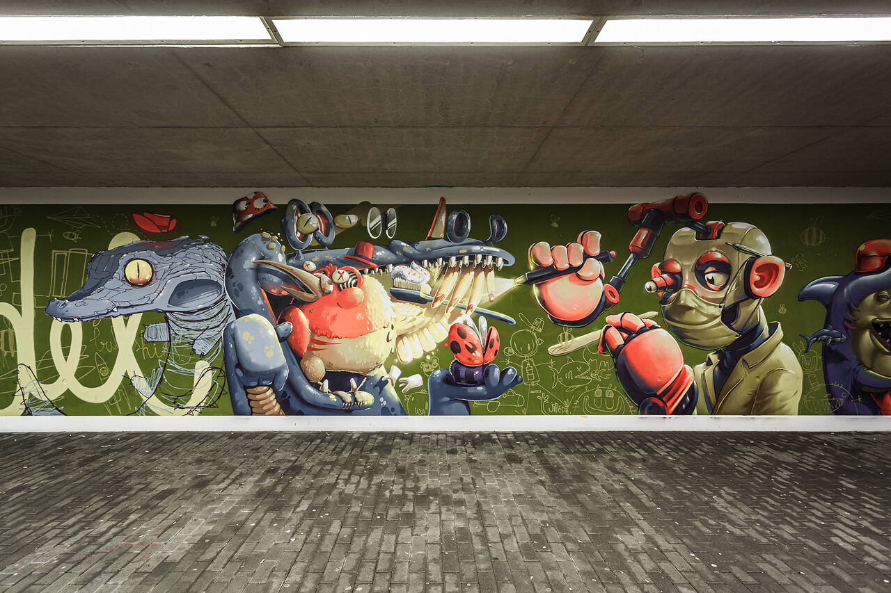 Plan large sur la fresque recouvrant le mur droit du tunnel de la gare de Lamadelaine...