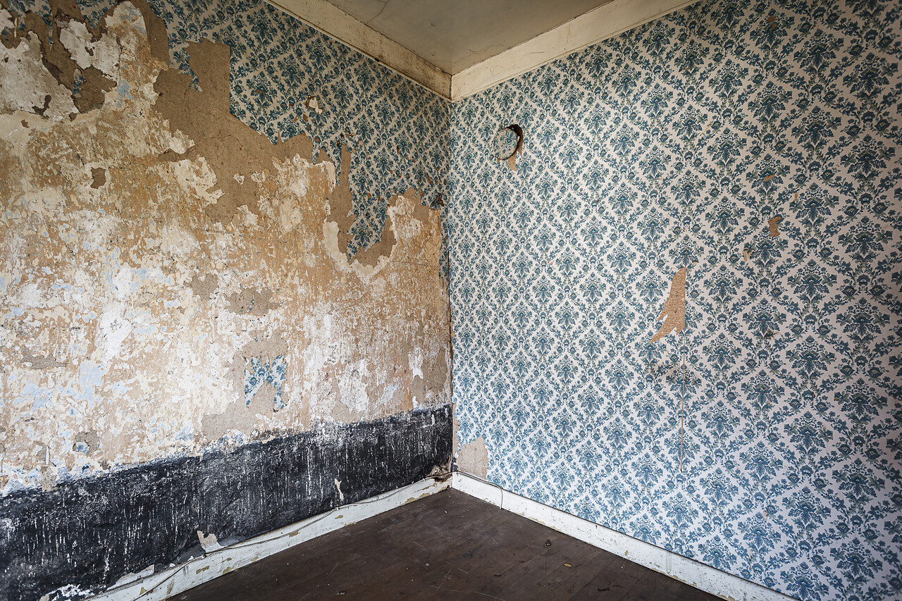 Perspective sur des pans de murs décoré de papier-peint à motifs...