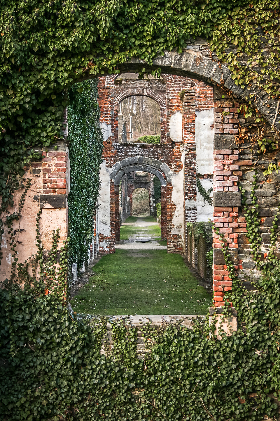 Arcade encadrée de lierre dans les ruines de l'abbaye de Villers-la-Ville en Belgique, révélant une perspective de couloir avec d'autres arcades en briques et un sol herbeux.