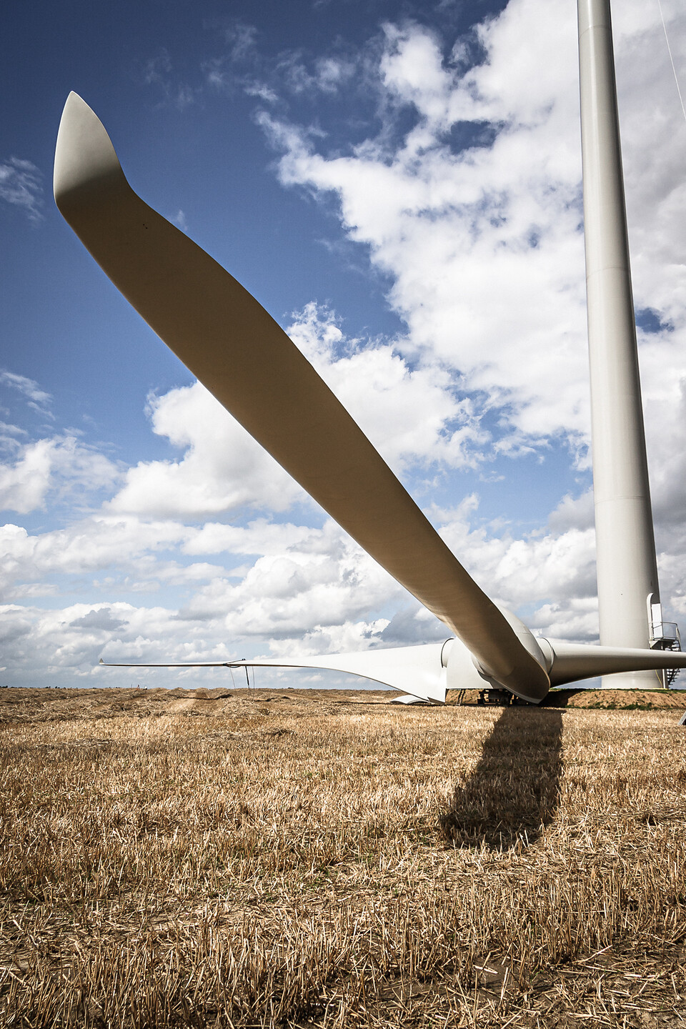 Gros plan d'une pale d'éolienne blanche gisant sur un champ de chaume à Marbais en Belgique, avec une partie de la tour visible et un ciel bleu nuageux en arrière-plan.