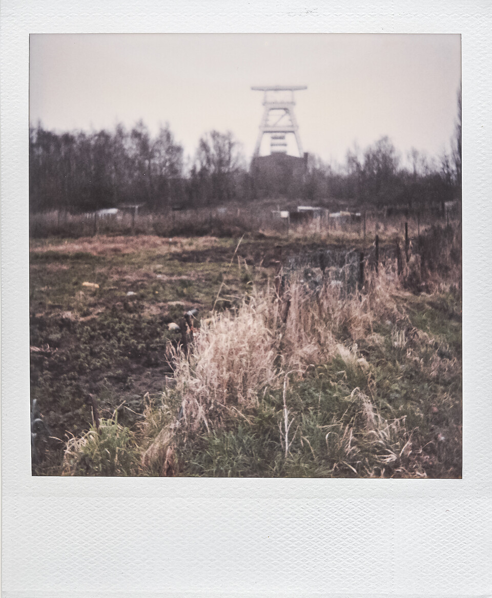 Polaroid du chevalement de la fosse Arenberg, vue depuis un champ de hautes herbes sèches sous un ciel gris.