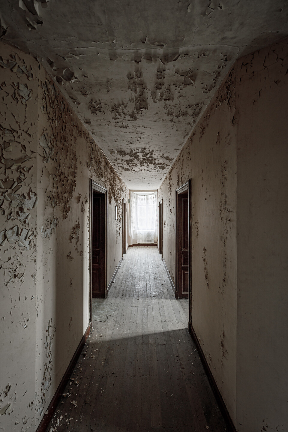 Couloir donnant sur quatre pièces, ses murs écaillés et le plancher en bois devenu gris avec le temps ...