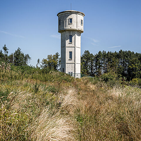 Château d'eau cylindrique en béton gris clair avec des fenêtres rectangulaires, situé au sommet d'une colline herbeuse jaune-brun à Frassem, Belgique, entouré d'une forêt de conifères et sous un ciel bleu clair.