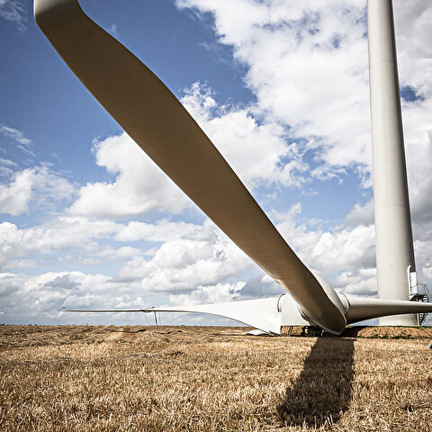 Gros plan d'une pale d'éolienne blanche gisant sur un champ de chaume à Marbais en Belgique, avec une partie de la tour visible et un ciel bleu nuageux en arrière-plan.