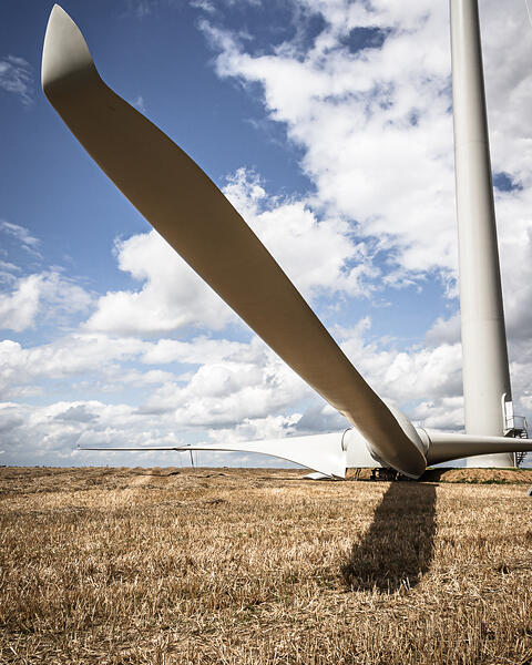 Gros plan d'une pale d'éolienne blanche gisant sur un champ de chaume à Marbais en Belgique, avec une partie de la tour visible et un ciel bleu nuageux en arrière-plan.