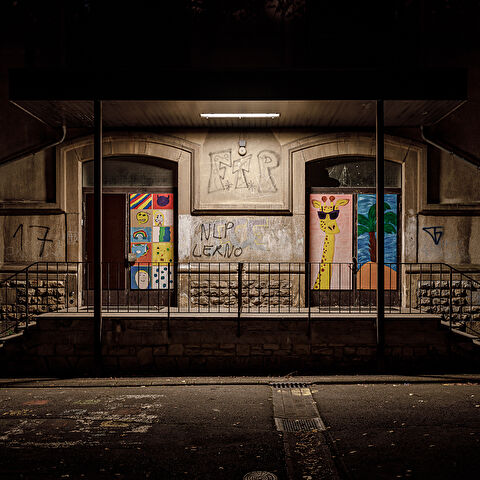 Entrée de deux portes colorées: une avec dessins (smiley, arc-en-ciel) et l'autre une girafe, graffitis (FTP, NLP LERNO) sur les murs. Photo de nuit