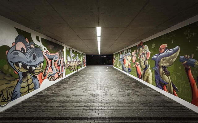 Perspective centrale à travers le tunnel de Lamadelaine, révélant ses murs recouverts de fresques de street-art entre la gare et le Lycée Mathias Adam.