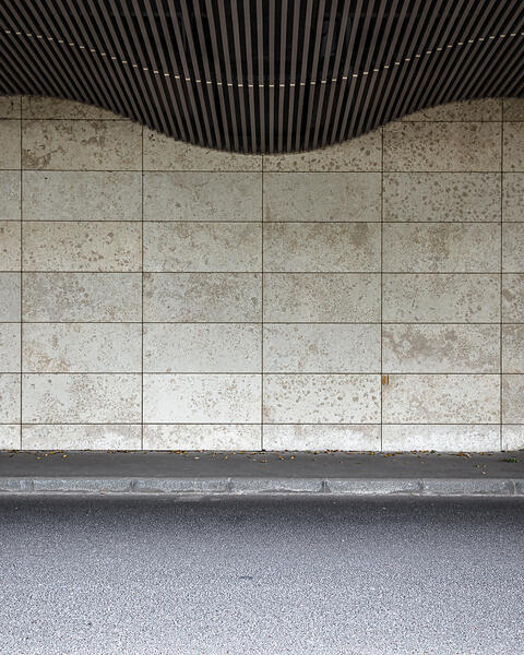un pan de mur composé de carreaux rectangulaires avec un motif tacheté. Une petite porte est visible sur le côté droit du mur. Au-dessus du mur, on distingue une structure ondulée et sombre faite de lattes, qui fait partie du toit. Le sol est pavé d'asphalte, et une bordure sépare le mur de la route.
